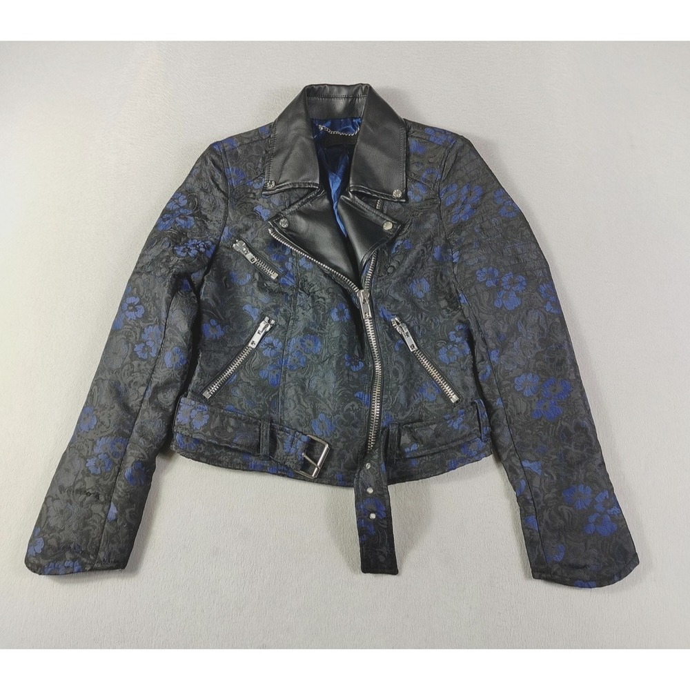 ABS Allen Schwartz Jacket Womens Small Black Blue Floral Jacquard Biker Belted